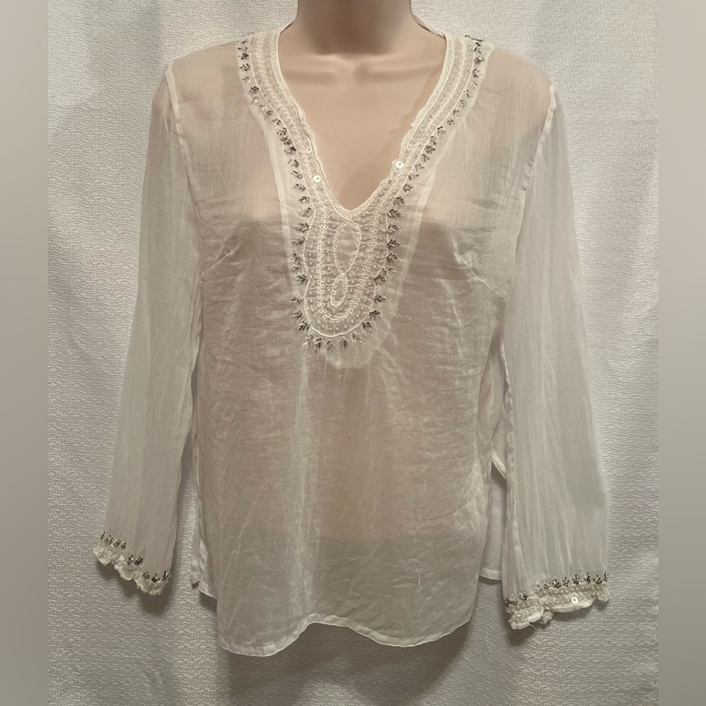 MARGARET LOVES PETER Sheer Sequin Beaded Tunic Top Womens S? White Boho Coastal